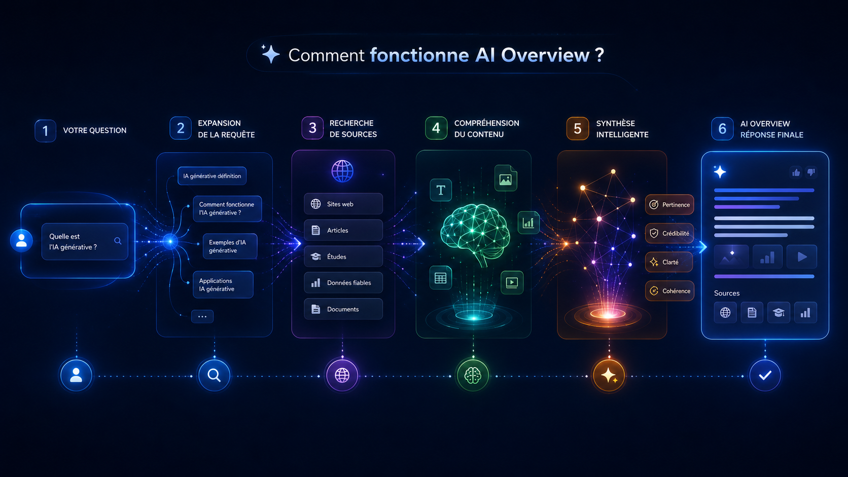 Schéma du fonctionnement d’AI Overview en six étapes