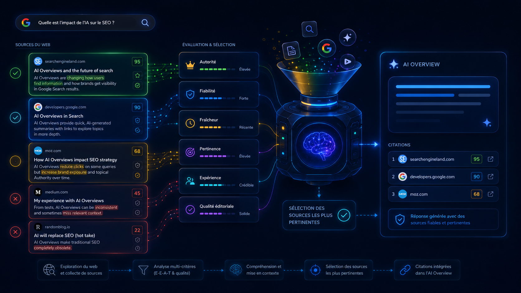 Pipeline de sélection des sources visibles dans AI Overview