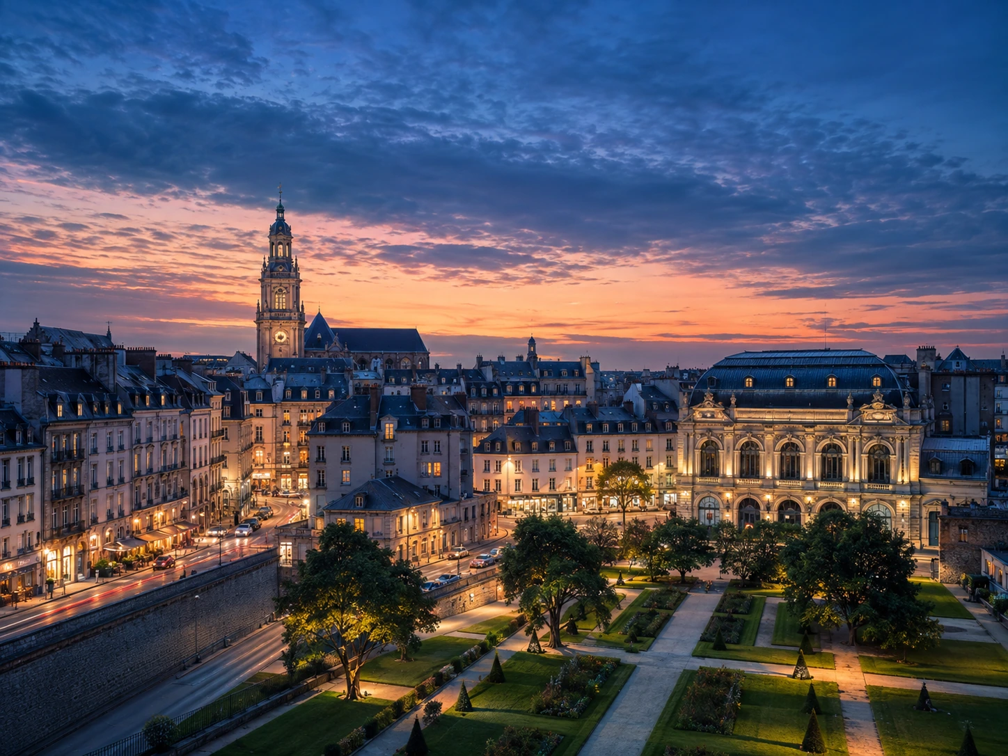 Vue de Rennes au crépuscule